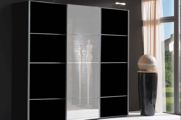 Miami zweefdeurkast 225cm zwart glas met spriegel