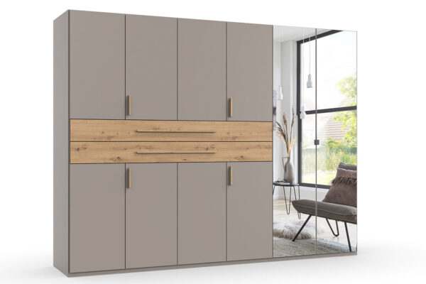 Digit draaideurkast 270 cm links met spiegeldeuren sahara grijs + atrisan eiken